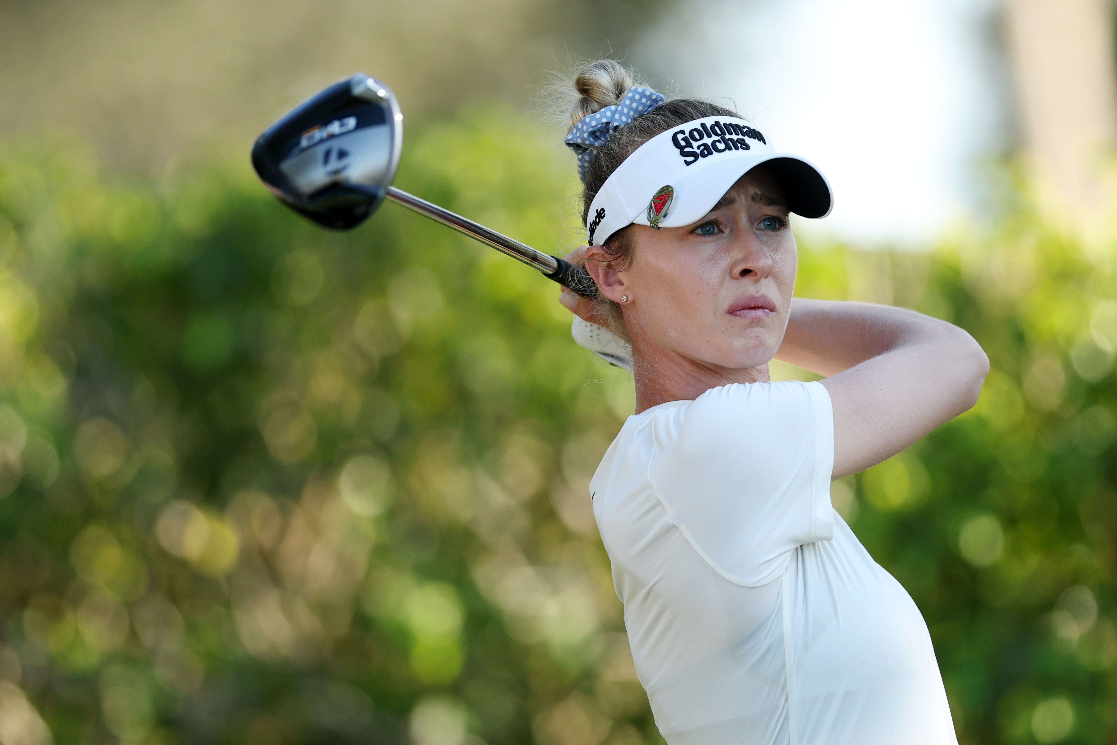 Nelly Korda of the United States plays her shot from the 14th tee during the final round of the CME Group Tour Championship 2025 at Tiburon Golf Club on November 23, 2025 in Naples, Florida.