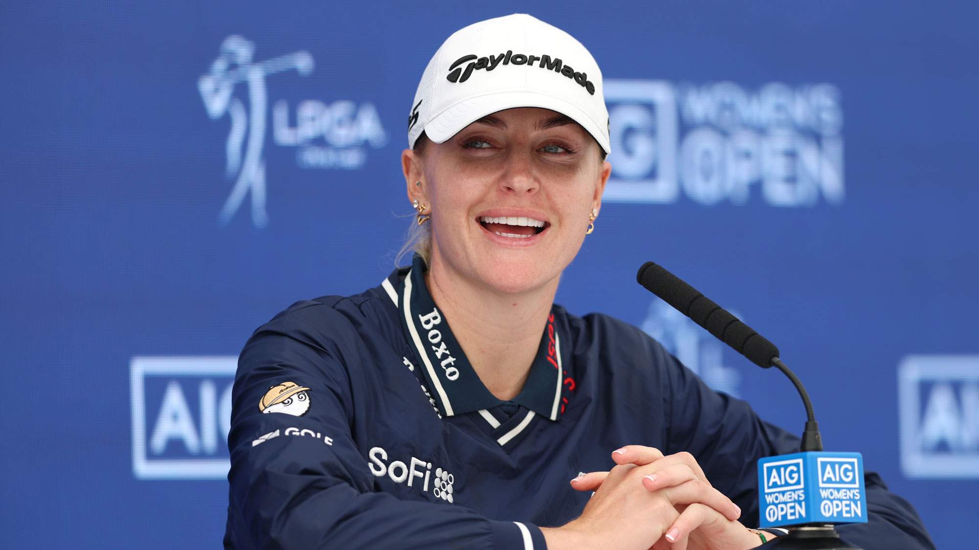 Charley Hull of England talks to the media prior to the AIG Women's Open 2026 at Royal Lytham & St. Annes on July 28, 2026 in Lytham St Annes, England.