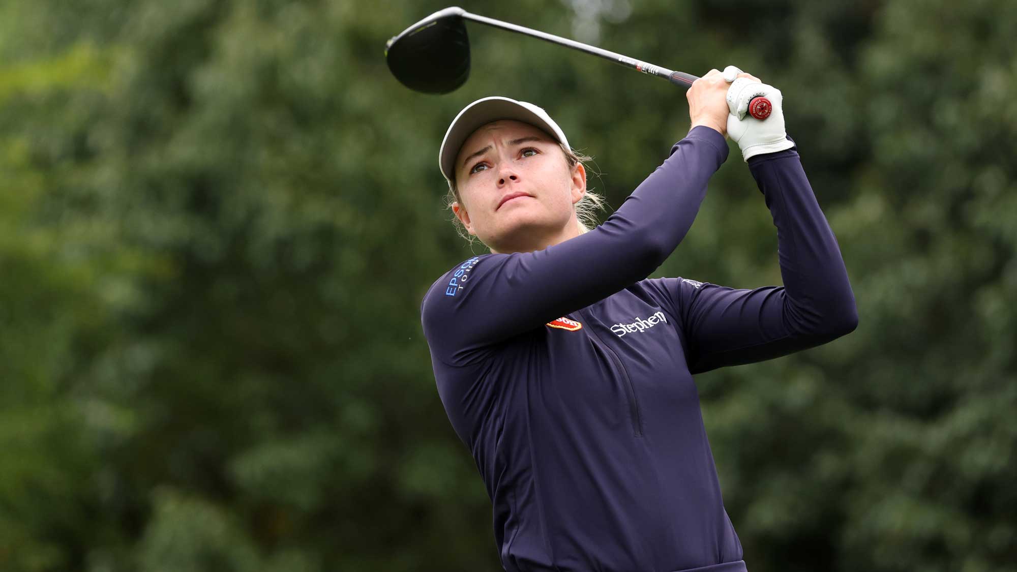 Brooke Matthews of the United States hits her tee shot on the 2nd hole during the second round of the BMW Ladies Championship 2025 at Pine Beach Golf Links on October 17, 2025 in Haenam, South Korea.