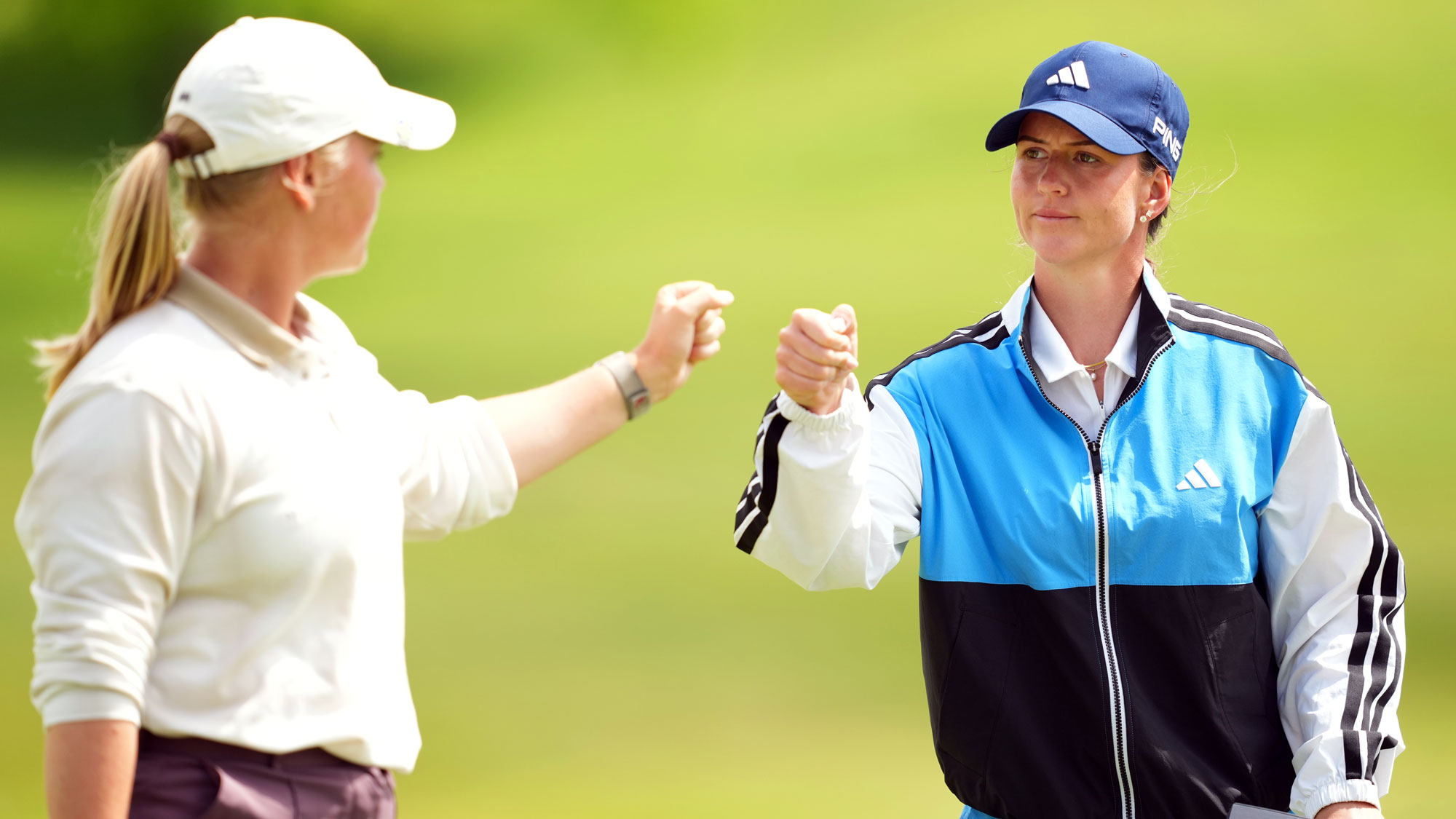 (R-L) Linn Grant of Sweden fist bumps Maja Stark of Sweden on the fourth green during the second round of the Dow Championship 2026 at Midland Country Club on June 12, 2026 in Midland, Michigan.