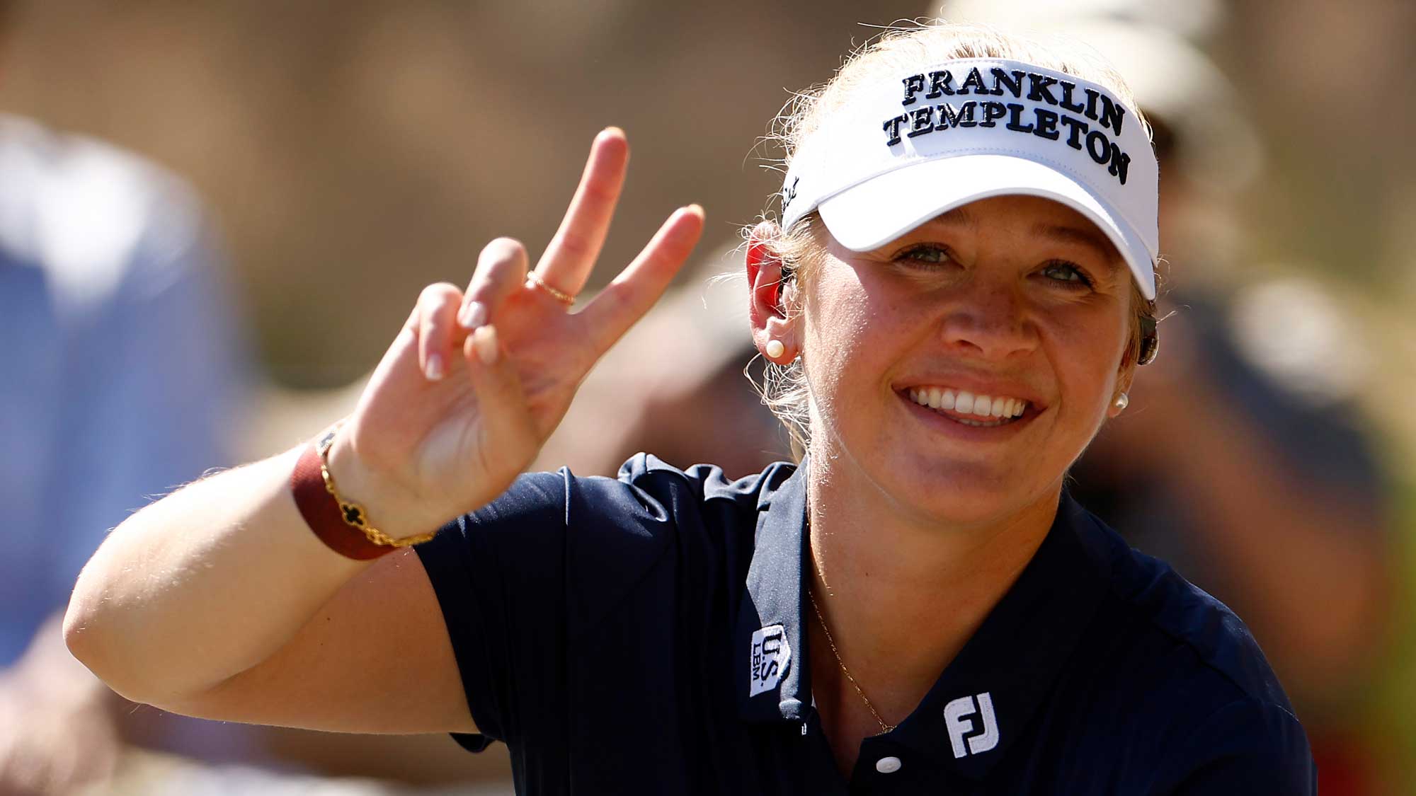 Jessica Korda of the United States, on-air talent for ESPN+, gestures during the second round of the CME Group Tour Championship at Tiburon Golf Club on November 17, 2023 in Naples, Florida.