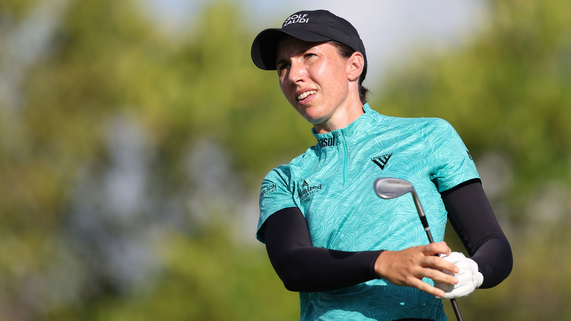 Carlota Ciganda of Spain plays her shot from the fourth tee during the first round of the Mexico Riviera Maya Open at Mayakoba 2026 at El Camaleon at Mayakoba on April 30, 2026 in Playa del Carmen, Mexico.