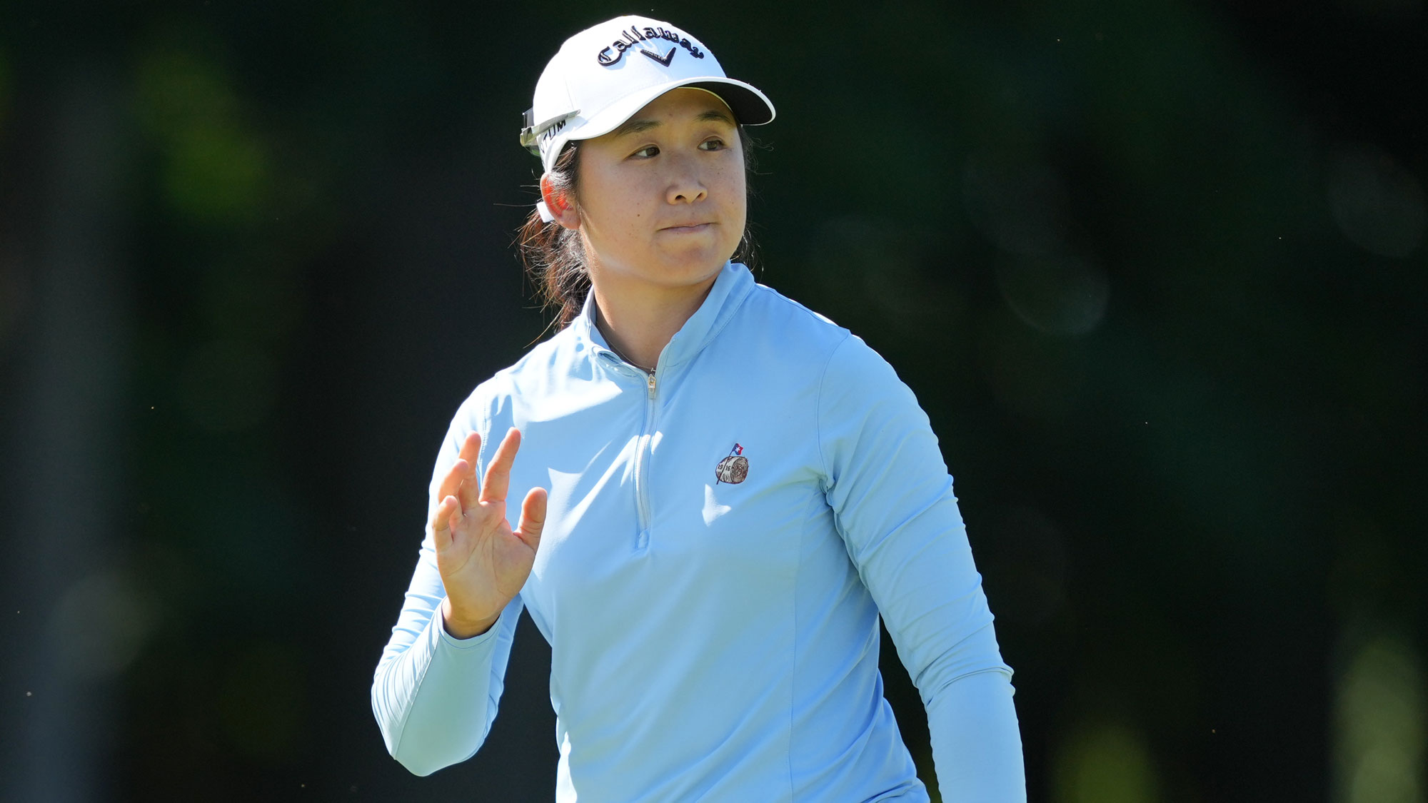 Jing Yan of the United States acknowledges the crowd after making a birdie on the seventh hole during the second round of the Meijer LPGA Classic For Simply Give 2026 at Blythefield Country Club on June 19, 2026 in Belmont, Michigan.