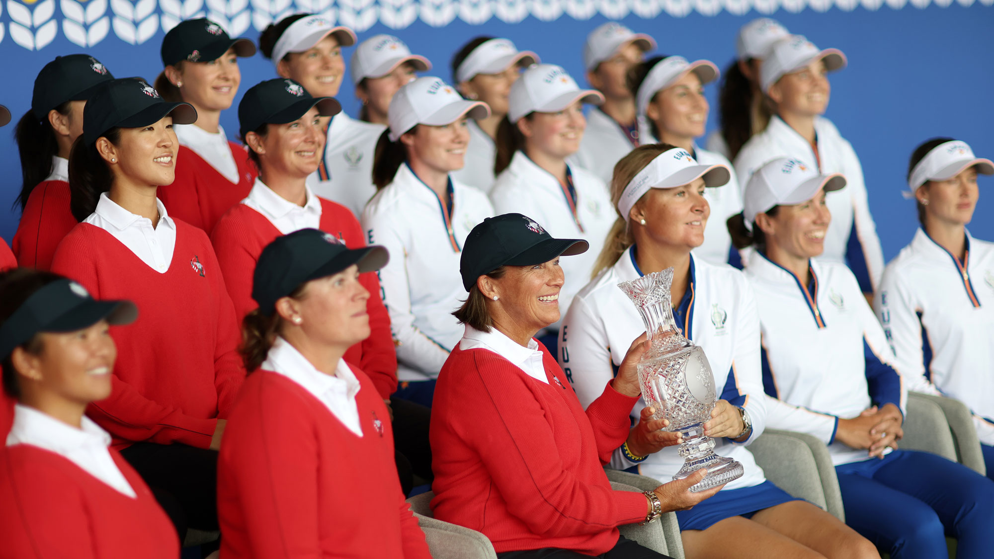 The Captains for Team United States and Team Europe pose for the official team photo during a practice round prior to the Solheim Cup 2026 at Bernardus Golf on September 08, 2026 in Cromvoirt, Netherlands.