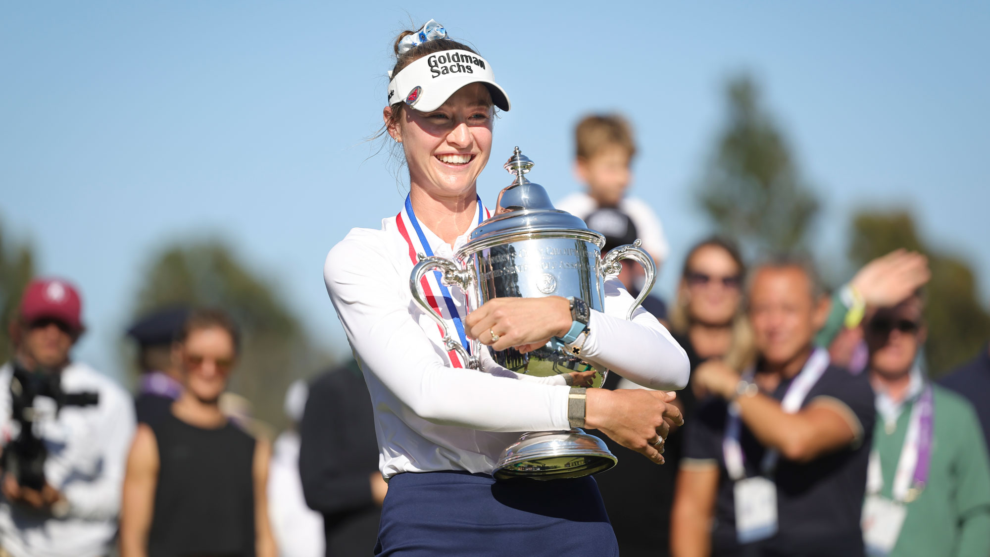 Nelly Korda of the United States celebrates with The Harton S. Semple Trophy on the 18th green after putting to a victory during the final round of the U.S. Women's Open presented by Ally 2026 at Riviera Country Club on June 07, 2026 in Pacific Palisades, California. 